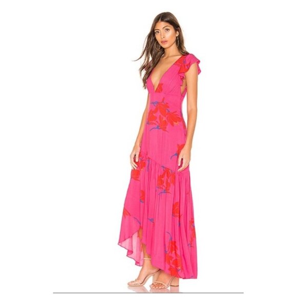 Free People Tropical Hawaiian Hibiscus Hot Pink Floral Maxi  Drtess Sz 4 # 1513 - Picture 11 of 13